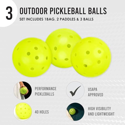 Holbrook's Rove 2: Pickleball Paddles Set of 2 Including 3 Outdoor Pickleball Balls, and Backpack to Carry it All | Fiberglass Paddle Surface for Any Skill Level