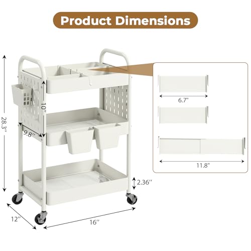 danpinera 3 Tier Rolling Cart with Retractable Dividers, Multi-Functional White Rolling Utility Cart with Pegboards, Hooks & Hanging Cups for Nursery, Living Room, Studio - color: White, size: with Dividers