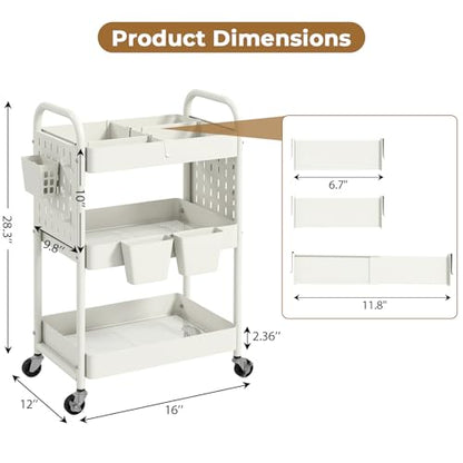 danpinera 3 Tier Rolling Cart with Retractable Dividers, Multi-Functional White Rolling Utility Cart with Pegboards, Hooks & Hanging Cups for Nursery, Living Room, Studio - color: White, size: with Dividers
