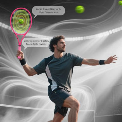 BatZoom Tennis Racket for Beginners & Adults - Lightweight Graphite Racquet with Comfortable Grip | Shock Reduction Technology | Includes Carrying Bag(Color Options) - color: Neon Pink