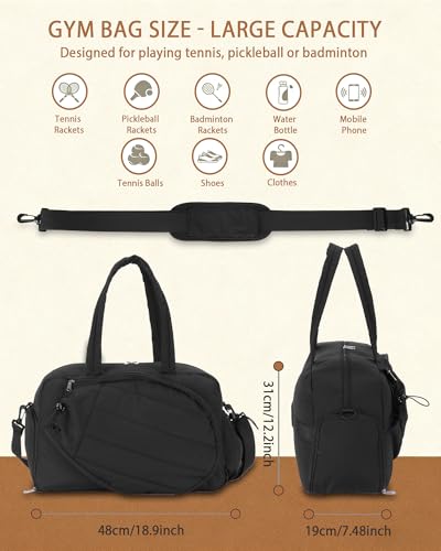 Roomy Tennis Gym Bag for Women - Tennis Tote Holds 2 Rackets, Shoe Compartment&Wet Pocket, Lightweight Sports Duffle, Fits 15.6" Laptop, Overnight Weekend Bag with Shoulder