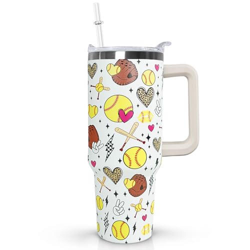 Ceovfoi 40 Oz Softball Tumbler With Handle,Softball Coffee Travel Mug Cup Water Bottle,Softball Decor,Softball Gifts for Women - color: Softball