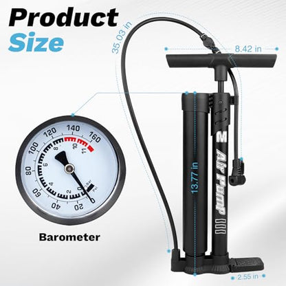 Professional Bike Floor Pump with Gauge | Presta & Schrader Valve | for Standard & Tubeless Tires | High-Pressure 160 PSI | High-Carbon Steel Barrel & Stable Base