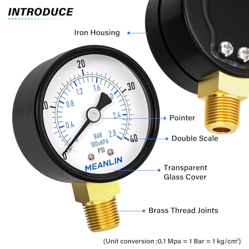 0-40Psi 2" DIAL FACE 1/4" NPT Well Pump Pressure Gauge, with 1/2" NPT and 3/8" NPT Hex Bushing, 3-2-3% Accuracy, Lower Mount - size: 0-40Psi, style: 1/4"NPT Lower Mount