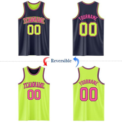 Custom Reversible Basketball Jerseys Men Youth, Personalized Sports Shirts Team Uniforms Printed Name Logo Number - color: Navy Blue and Fluorescent Green - Pink