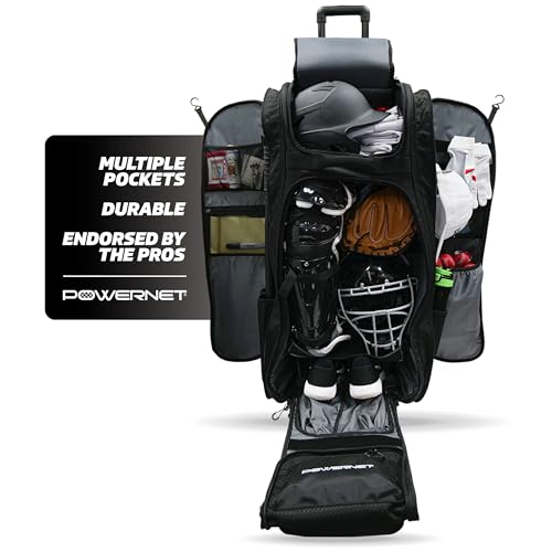 PowerNet Optimus Catcher's Bag, Rolling Equipment Bag Holds All Baseball & Softball Gear, 7 Internal Bat Sleeves, Cleat Compartment, Personalization Panel & Hooks - style: Optimus Catcher's Gear Bag
