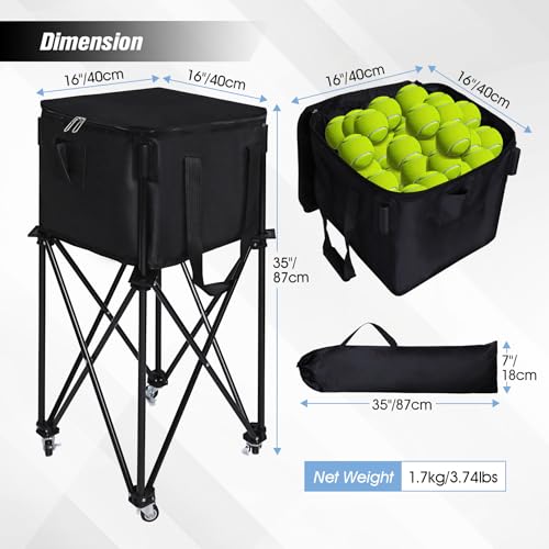 Portable Tennis Ball Hopper Holds 180 Balls, Tennis Ball Basket Cart with 4 Wheels & Brakes, Detachable Oxford Fabric Bag for Tennis and Pickleball Training, Black - color: Black steel