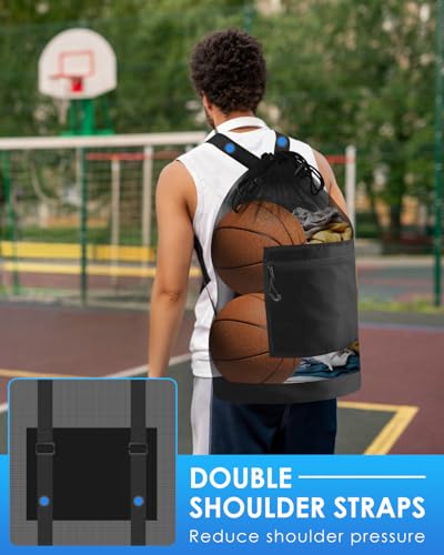 BROTOU Soccer Ball Bag with Double Shoulder Strap Large Mesh Sports Equipment Net Bag with Top Handle Heavy Duty Drawstring Bags Team Work for Basketball, Volleyball, Baseball, Swimming Gear - size: 17" X 27" (hold to 3 soccer ball)
