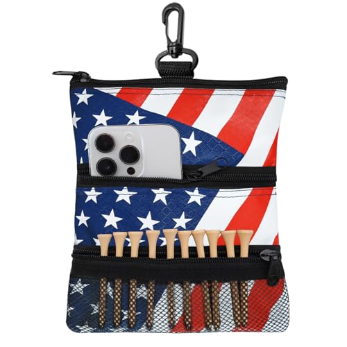 Amy Sport Golf Bag Accessories Valuables Pouch Bags Multi Pocket Zipper Hook with 10 Pcs Wood Golf Tees for Men Women - color: USA Flag