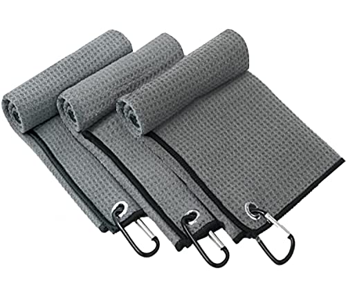 Pack of 3 Microfiber Golf Towel with Carabinar Clip, Strong Absorbent Quality- Suitable Size for Golf Cart Bag, Waffle Pattern Golf Towel Hook and Loop Fastener - color: Grey