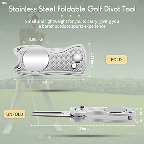 Skylety 4 Pcs Golf Divot Repair Tool Metal Foldable Golf Divot Tool with Magnetic Pop-up Button Ball Marker Stainless Steel Switchblade for Golfers Prizes - color: Silver