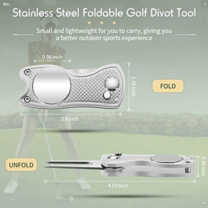 Skylety 4 Pcs Golf Divot Repair Tool Metal Foldable Golf Divot Tool with Magnetic Pop-up Button Ball Marker Stainless Steel Switchblade for Golfers Prizes - color: Silver