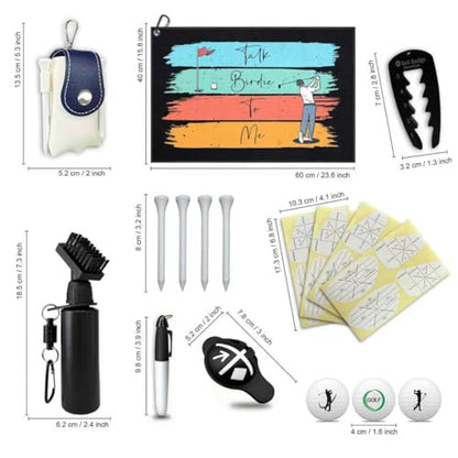 Golf Essentials Accessories Set for Men – Golf Towel, Golf Impact Stickers, Ball Marker with Pen, Cleaning Brush, Golf Balls & Tee Holder, Tee Alignment Tool – Thoughtful Golf Gift Set