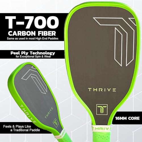 Thrive Pickleball Training Paddle Kit - Includes Trainer Paddle, 3 Fast Hands Mini Pickleballs & Paddle Eraser - T-700 Carbon Fiber, Extra Long Handle, 16mm Core - color: NEON GREEN
