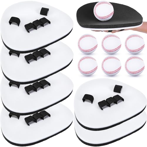 RoundFunny 6/12 Set Baseball Pancake Glove for Training, Baseball Softball Fielding Gloves with 9 Inch Foam Practice Balls, Quick Hands Batting Infield Training Practice Two Hands Youth Adult