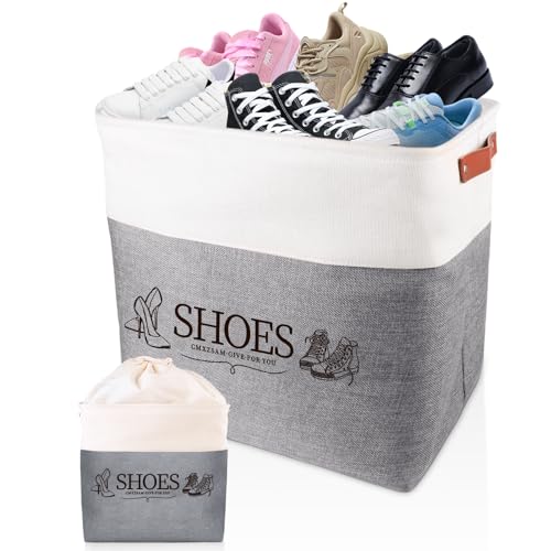 Shoe Basket Organizer, Large Capacity Fabric Entryway Shoe Storage Bin with Handle, Flodable Space-Saving Shoe Basket for Entryway, Hallway, Entryway and Mudroom - color: Gray, style: Leather Buckle