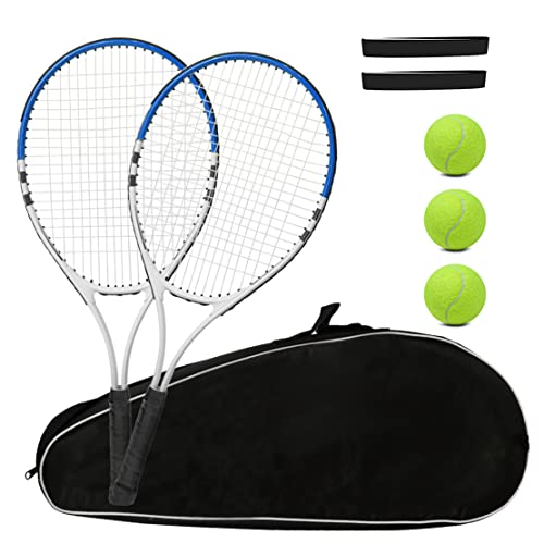 Tennis Racket Pre-Strung Lightweight 27 Inch Racquet Recreational Adult Rackets for Men Women Students Training Tennis Starter Kit with Balls,Carry Bag and Overgrips - color: Blue/White - 2 Rackets