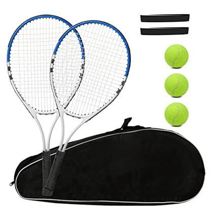 Tennis Racket Pre-Strung Lightweight 27 Inch Racquet Recreational Adult Rackets for Men Women Students Training Tennis Starter Kit with Balls,Carry Bag and Overgrips - color: Blue/White - 2 Rackets