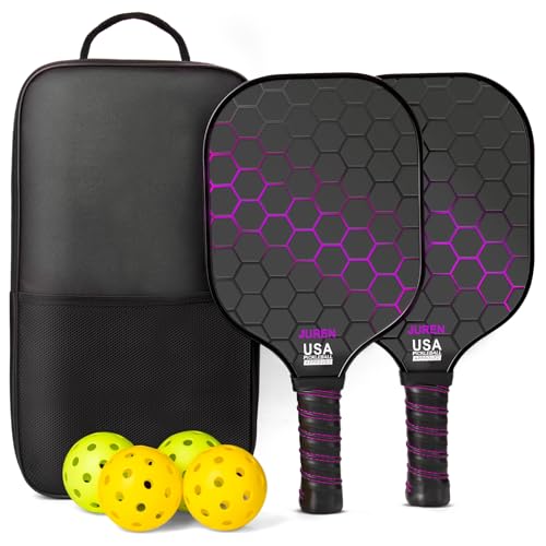 JUNREN Pickleball Paddles Set, USAPA Approved Fiberglass Pickleball Rackets with 4 Balls & Carry Bag, 13mm Honeycomb Core Non-Slip Grip Pickleball Set for Beginners Adults Family Outdoor Indoor - color: purple