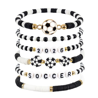 Soccer Gifts for Girls Boys Women - 2026 Soccer Bracelets for Game Day - Handmade Black White Heishi Beaded Stretchy Bracelet Stack Jewelry Team Gift for Players Fans, Sports Party Favors