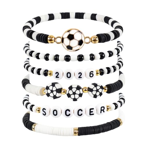 Soccer Gifts for Girls Boys Women - 2026 Soccer Bracelets for Game Day - Handmade Black White Heishi Beaded Stretchy Bracelet Stack Jewelry Team Gift for Players Fans, Sports Party Favors