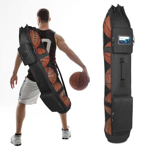 Basketball Mesh Equipment Ball Bag, 5 Ball Basketball Bag Heavy Duty Basketball Carrying Net Bag - Basketball Coach Bags for Team Balls, Sling/Adjustable Shoulder/Tube Style