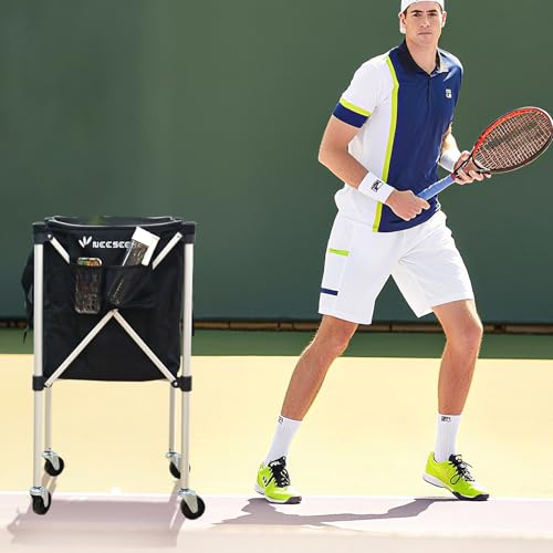 Sturdy Pickleball Tennis Ball Hopper - Foldable Lightweight Tennis Cart Holds 240 Tennis/180 Pickleballs with Removable Bag, Wheels, Side Pocket for Training/Teaching