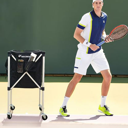 Sturdy Pickleball Tennis Ball Hopper - Foldable Lightweight Tennis Cart Holds 240 Tennis/180 Pickleballs with Removable Bag, Wheels, Side Pocket for Training/Teaching