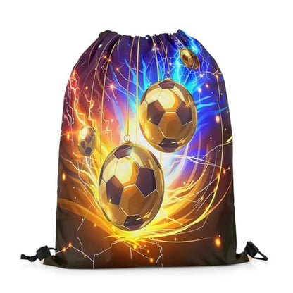 Golden Football Drawstring Bag,Modern Sports Ball Drawstring Backpack,Golden Blue Lightning Draw String Bag Gym Packs Large Capacity - color: Golden Blue