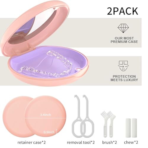 2Pack Retainer Case with Mirror, Compatible with Invisalign, Orthodontic Aligner Case with Removal Tool and Brush, Pink - color: 2 Pack - PinkMirror