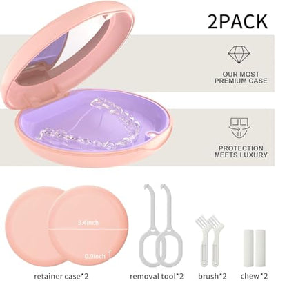 2Pack Retainer Case with Mirror, Compatible with Invisalign, Orthodontic Aligner Case with Removal Tool and Brush, Pink - color: 2 Pack - PinkMirror
