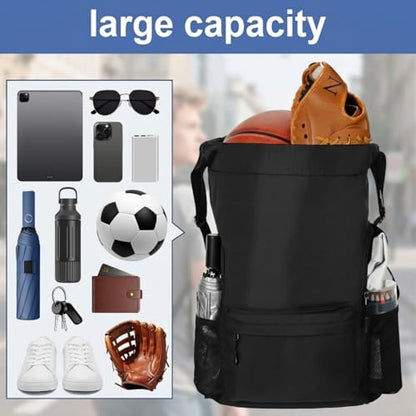 6 Pcs Black Basketball Drawstring Backpack, X-Larger Waterproof Drawstring Gym Bag, Baseball Softball Sports Bag with Water Resistant String Swim Backpack Side Mesh Pocket for Men Women