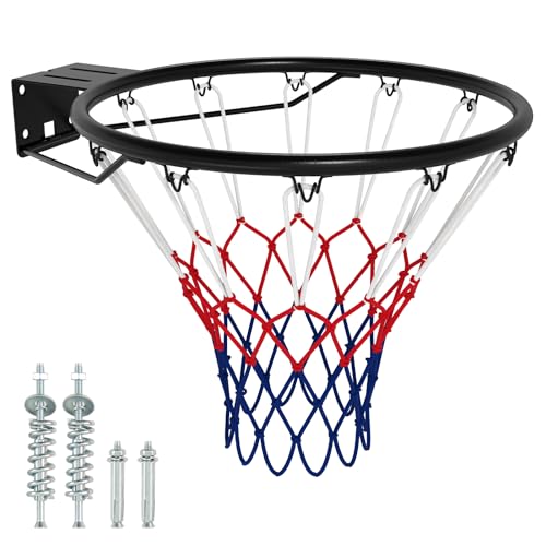 GYMAX Basketball Rim, 15/18 inch Basketball Rim Replacement with All-Weather Net, Basketball Hoop Replacement Rim Outdoor/Indoor for Wall Door Mounted - color: Black-Upgraded, size: 18"