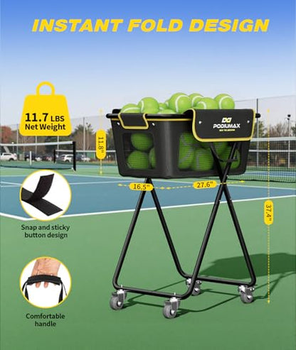 Pickleball Tennis Ball Hopper, Holds 180 Tennis-Balls or 150 Pickle Balls, Foldable Pickleball Caddy for Men Women Teen, Waterproof Tennis Ball Basket for Learners & Coaches