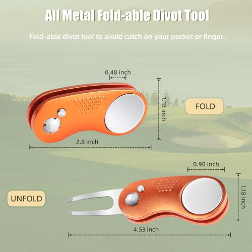 Mile High Life Golf Divot Repair Tool, All Metal Foldable Divot Tool with Pop-up Button & Magnetic Ball Marker - color: Orange Curve