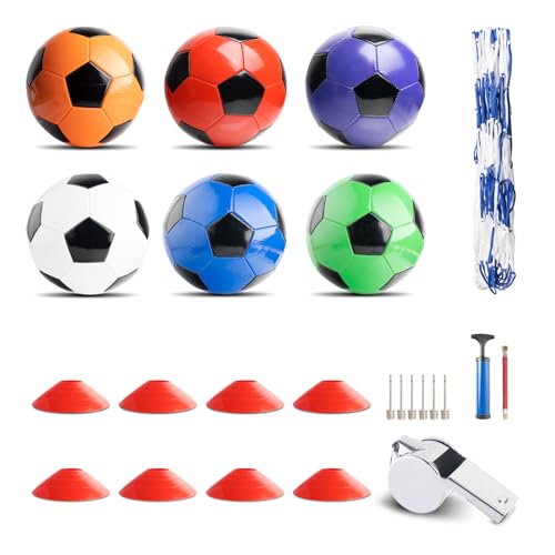 6 Pack Soccer Balls Size 5 Bulk Set – Massive 23-Piece Kit Includes 8 Cones, Whistle, Pump & Mesh Bag – Durable & Soft Training Balls for Youth Team, Practice, Gift & Charity Donation