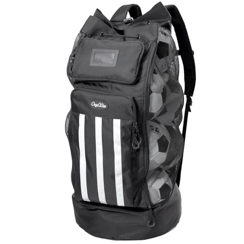 OrgaWise XXL Soccer Ball Bags for Coaches | 600D Oxford Cloth | SBS Zippers | Card Holder | Night Reflective Strips | Plated Holes | Chest Strap | Carry Handle - color: Black