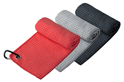 Handy Picks Microfiber Golf Towel (16" X 16") with Carabiner Clip, Waffle Pattern Golf Towel Hook and Loop Fastener - The Convenient Golf Cleaning Towel - color: Black/Grey/Red