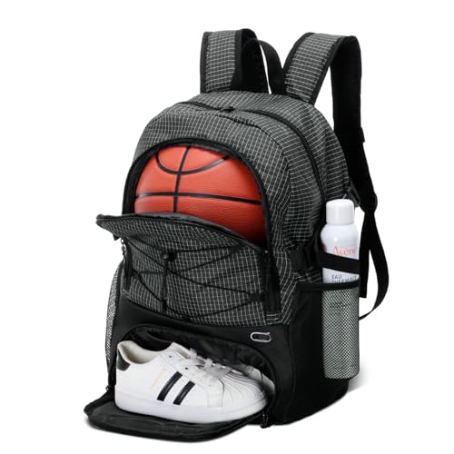HUA ANGEL Basketball Backpack, Large Sports Bag with Separate Ball Holder & Shoe Compartment, Men/Women Gym Backpack for Basketball Soccer Volleyball - color: Black