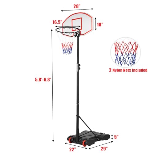 Giantex Portable Basketball Hoop with Wheels, 5.8-6.8 Ft Adjustable 28 Inch Backboard Basketball Goal, Height Adjustable Youth Junior Kids Basketball Hoop for Outdoor Indoor Driveway Garage