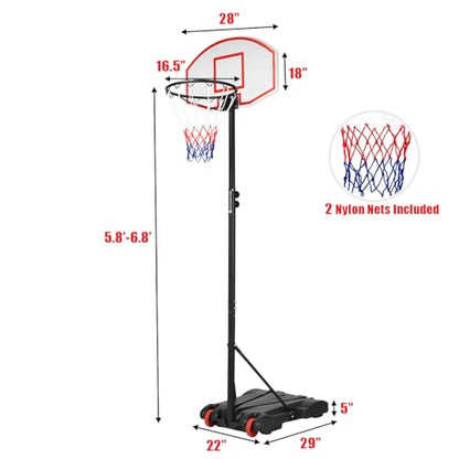 Giantex Portable Basketball Hoop with Wheels, 5.8-6.8 Ft Adjustable 28 Inch Backboard Basketball Goal, Height Adjustable Youth Junior Kids Basketball Hoop for Outdoor Indoor Driveway Garage