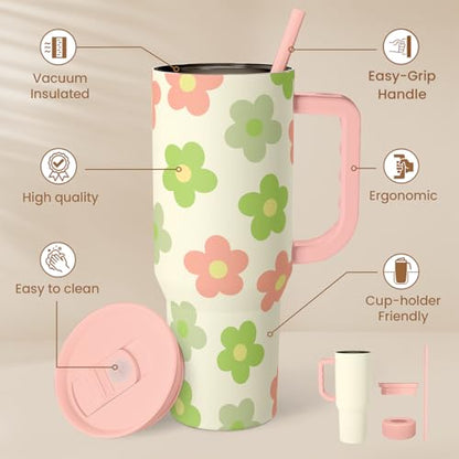 SANDJEST Daisy Tumbler with Handle 40oz, Floral Cup Stainless Steel Insulated Tumblers Coffee Travel Mug with Straw, Flower Cups Gifts for Women Girls Teens Birthday Christmas - color: Daisy