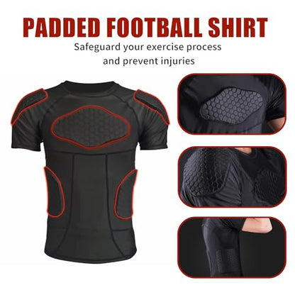 Mens Padded Compression Shirt Football Rib Protectors 6-Football Pads Chest Protector Padded Shirt Protective Gear for Football Baseball Basketball - size: Large, style: Black