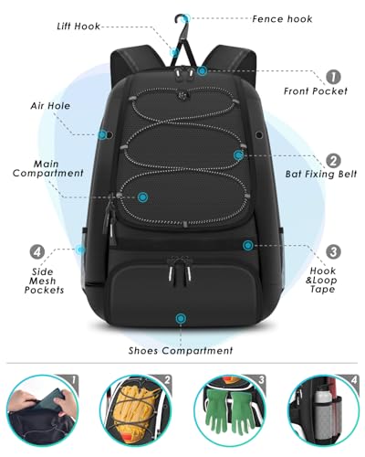 BROTOU Baseball Bag, Softball Bag for Baseballgear & T-Ball Bat, Baseball Backpack with Shoes Compartment for Men/Women - color: Black