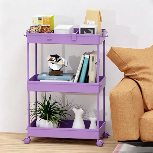 SPACELEAD Slim Storage Cart 3 Tier,Bathroom Organizer Rolling Utility,Mobile Shelving Unit Slide Out for Office, Kitchen, Laundry Room & Narrow Places,Purple - color: Purple