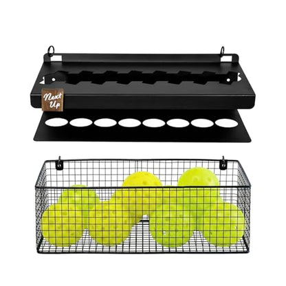 MyGift Premium Metal Pickleball Paddle Rack with Ball Basket & Magnetic Next Up Marker – Wall Mounted or Fence Hanging Pickleball Organizer, Holds up to 8 Paddles – Indoor & Outdoor Court Storage