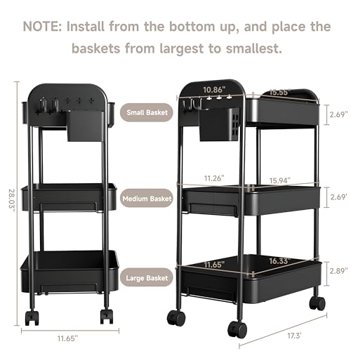 Heavy-Duty Rolling Cart 3 Tier Metal Utility Storage Cart with Casters, Hanging Cups, Hooks, Book Snack Craft Mesh Rolling Storage Organizer for Kitchen Office