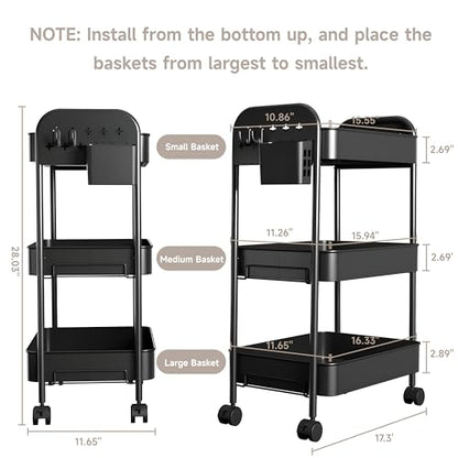 Heavy-Duty Rolling Cart 3 Tier Metal Utility Storage Cart with Casters, Hanging Cups, Hooks, Book Snack Craft Mesh Rolling Storage Organizer for Kitchen Office
