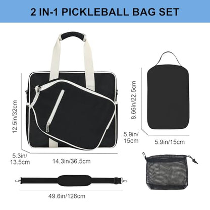 LAKE OF FIRE Pickleball Tote Bag for Women Men with Adjustable Shoulder Strap Fence Hook Crossbody Handbag Shoulder Bag Pickleball Gift Stylish Sport Tote - color: Black, style: 2pcs Set