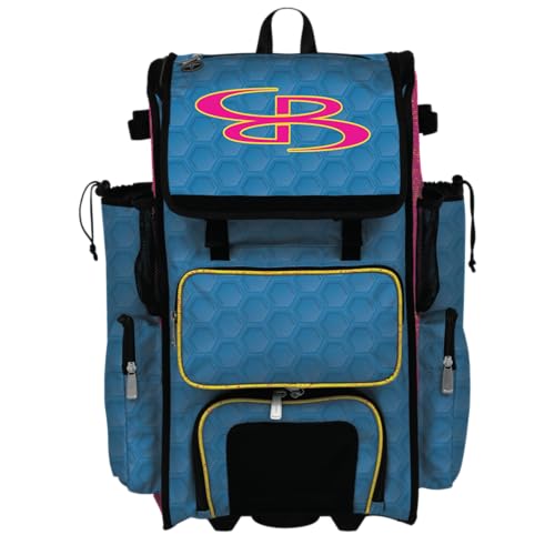 Boombah Rolling Superpack 2.0 3DHC Baseball/Softball Gear Bag - 23-1/2" x 13-1/2" x 9-1/2" - Multiple Colors - Telescopic Handle and Holds 4 Bats - Wheeled Version - color: Cyan/Fluorescent Pink/Yellow